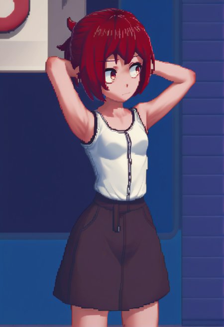 source_anime, score_9, score_8_up, score_7_up, score_6_up, score_5_up, score_4_up, 1 girl, solo,  <lora:Miku_from_LiL_PonyXL:1>, miku_maruyama, red hair, small breasts, <lora:cone:0.8> c0ne, pixel art,(In the skyscraper, Hands behind head, leaning back),