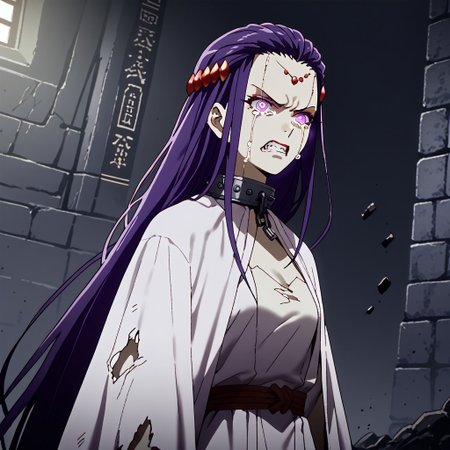 zPDXL3, score_9_up, score_8_up, score_7_up, (Anime_source), 1girl, standing, looking at viewer, angry, QueenGizelotte, purple eyes, purple hair, very long hair, white rags, white cloth, long rags, slave, ripped clothes, crying, kneeling, glowing eyes, sinozick style, flat color, dark theme,