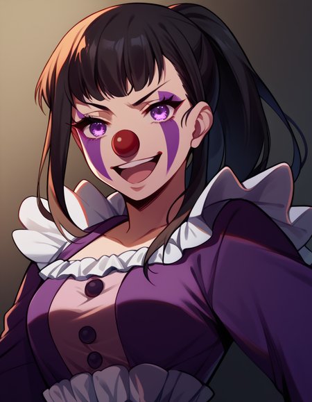 score_9, score_8_up, score_7_up, source_anime, <lora:maki-oze-s1s2-ponyxl-lora-nochekaiser:1>, maki oze, long hair, bangs, black hair, purple eyes, ponytail, medium breasts,, <lora:clown-ponyxl-lora-nochekaiser:1>, clown, makeup, clown nose, facepaint, gloves, long sleeves, frills, dress,, smile, open mouth, smug, , dutch angle, cowboy shot
