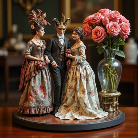 Miniature diorama of a masquerade ball next to a bouquet of roses, detailed digital illustration of a masquerade ball held in a palace, 19th century, colorful dresses, masks, well-dressed women, glamorous, lascivious and somewhat decadent atmosphere, <lora:Flux.1_Turbo_Detailer:0.7>, <lora:Diorama_Flux:0.8>