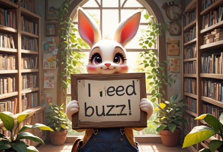 score_9, score_8_up, score_7_up, score_6_up, score_5_up, score_4_up, source_furry, rating_safe, a bunny girl in overalls in the library holding a sign that says "Buzz, please?", purple and white fur, furry, cute, books, plants, clock, god rays,need_buzz, holding sign  <lora:need_buzz_sign_pony.safetensors:1.0> <lora:sd_xl_offset_example-lora_1.0.safetensors:1.0> <lora:Pony_QualityV4.0.safetensors:1.0>