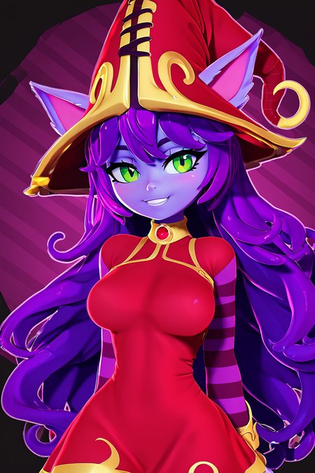 score_9, score_8_up, score_8, (big breasts), (curvy), cute, eyelashes,       BREAK, ,  <lora:LuluLeagueoflegendsPDXL:0.8>, zzLulu, long hair, bangs, animal ears, green eyes, purple hair, colored skin, purple skin, long sleeves, hat, dress, red dress, red headwear, ears through headwear, striped sleeves, yordle,, BREAK, smile, looking at viewer, cowboy shot, embedding:zPDXL, Expressiveh, <lora:Zy0n7_PDXL:1.0>,  <lora:SDXLFaeTastic2400:0.5>,  <lora:Expressive_H-000001:0.4>,