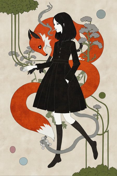 kchiba1 illustration of a woman, smoking with a fox <lora:kchiba1_cap_d6a3:1.0><lora:837651960262857319:0>
