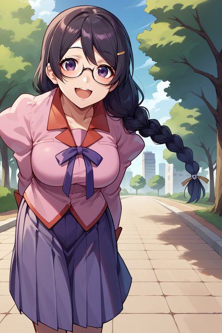 score_9, score_8_up, score_7_up, score_6_up, source_anime, BREAK 1girl, solo  <lora:tsubasa-pdxl-nvwls-v1-000005:1> defTsubasa, black hair, purple eyes, braided ponytail, glasses, school uniform, pink shirt, puffy sleeves, long sleeves, pleated skirt, medium breasts, tree, park, city, looking at you, happy, open mouth, leaning forward