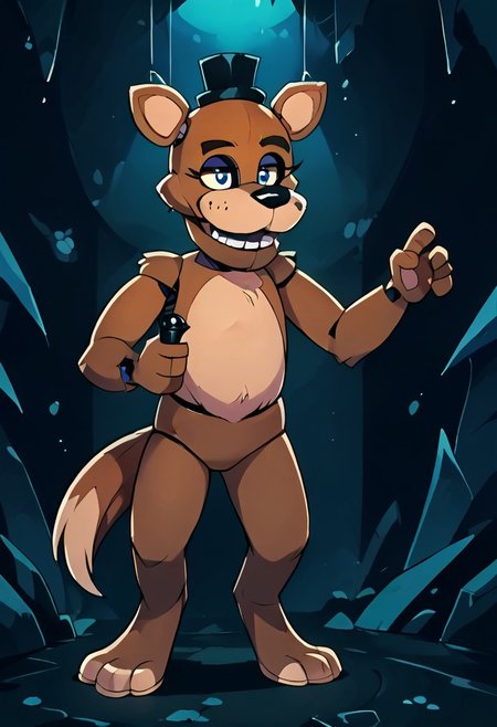 SCORE_9, SCORE_8_UP, SOURCE_FURRY, BREAK, SOLO, HOUNDSONA, BLIND EYES, FEMALE, FURRY, DECREPIT, HOBBLING, freddy, brown fur,  DARK CAVE, HIGH RESOLUTION, VIVID TEXTURES, DETAILED PUPILS