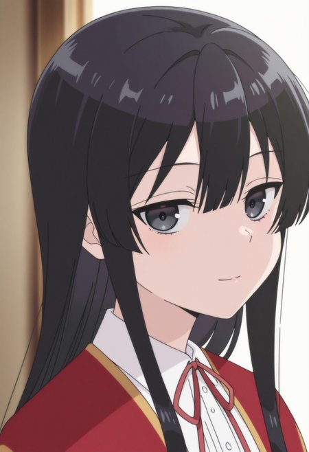 masterpiece,best quality,amazing quality, source_anime, 
YumiellaDolkness, 1girl, solo, black eyes, black hair, long hair, school uniform, shirt, white shirt, red ribbon, neck ribbon, red capelet, portrait, light smile, closed mouth, looking at viewer,