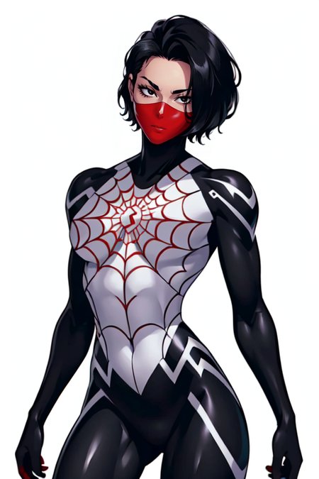 masterpiece,best quality,extreme detail,8k,white background,<lora:silk:0.8>,CindyMoon,1girl,solo,breasts,looking at viewer,simple background,black hair,white background,medium breasts,bodysuit,mask,mouth mask,superhero,spider web print,short hair,black eyes,cowboy_shot,upper_body,