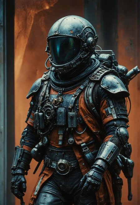 The scene is bathed in dim, atmospheric light, with washed-out neon hues of Grey and orange creating a surreal and moody cybersociety style aesthetic. , This is a highly detailed analog Photo, realistic, The scene depicts a futuristic, sci-fi setting. A Female Samurai dressed in a bulky, outworn orange/black, high-tech spacesuit with a cyberpunk Helmet and goggles, suggesting an astronaut or space explorer. Holding a spatula. The suit features multiple pockets, straps, and a prominent backpack with wires and luminous translucent hoses, indicating it's equipped for a long journey. Volumetric lighting, atmospheric lighting, highly detailed