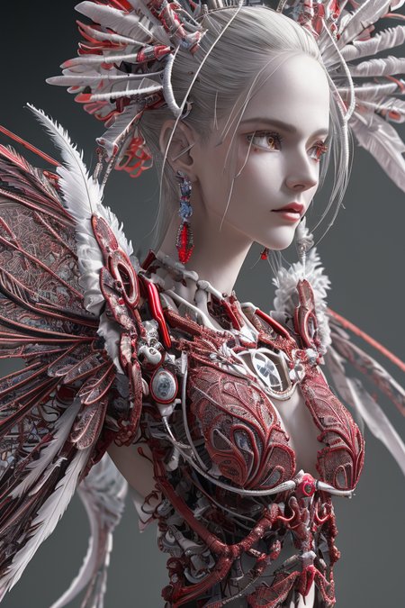 complex 3d render ultra detailed beautiful death angel, biomechanical cyborg, analog 150 mm lens, beautiful natural soft rim light, crystal feathers, roots, fine foliage lace, colorful details, Boris Bidjan Saberi outfit, pearl earrings, piercing, art nouveau fashion embroidered, intricate details, mesh wire, mandelbrot fractal, facial muscles, cable wires, microchip, badass, hyper realistic, ultra detailed, octane render, volumetric lighting, 8k post-production, red and white with a bit of black, detailled metalic bones, semi human, iridescent colors, Glenn Brown style, futuristic room, power of the god, high-angle shot, complex body poses