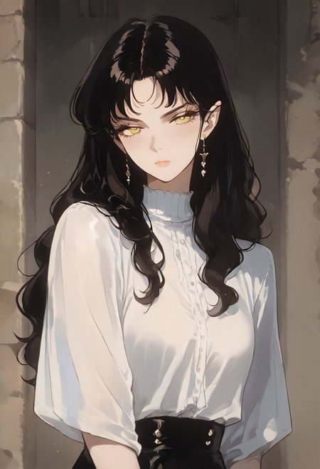 (score_9, score_8_up, score_7_up), source_anime, anime, male, horny, elf, long black hair, deep yellow eyes, classic black vintage outfit, smirk, waist-high, wavy hair, dark background, thick hair, handsome,