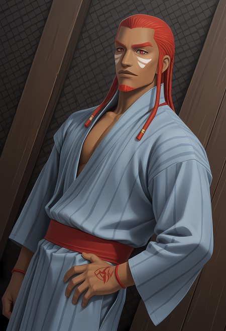 masterpiece, best quality, amazing quality, dutch angle, abstract background, BREAK
1boy, solo, male focus, dds_lupa, long hair, dreadlocks, dark skin, red eyes, facial hair, goatee, yukata, japanese clothing, BREAK
<lora:cfg_scale_boost:.6>  <lora:Lupa_-_Digital_Devil_Saga_-_ILXL:0.8>