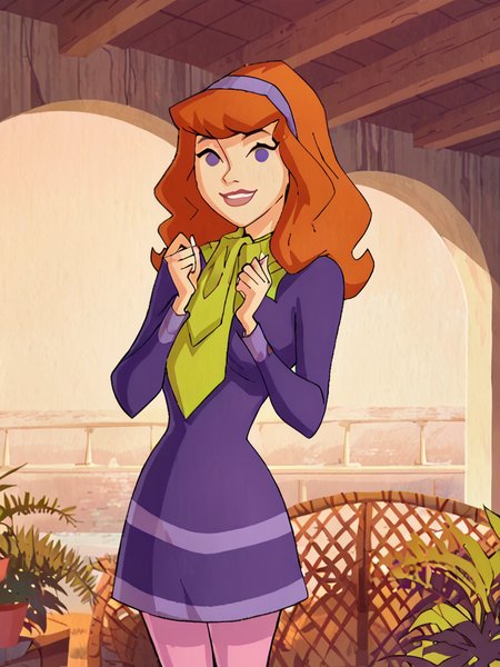 <lora:DaphneMysteryIPony1.0:1> daphneb, 1girl, solo, long hair, hairband, orange hair, purple dress, purple eyes, green scarf, smile, pink pantyhose, cowboy shot,  smile, outdoors, looking at viewer, score_9, score_8_up, score_7_up, score_6_up, score_5_up, score_4_up