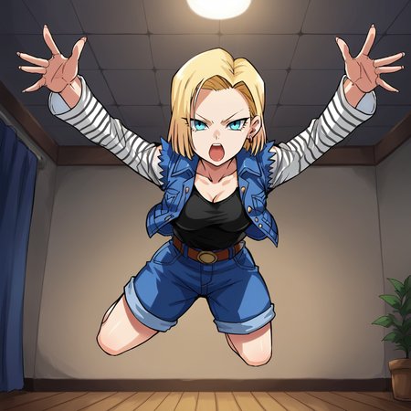 score_9, score_8_up, score_7_up, score_6_up, score_5_up, score_4_up, zPDXL2,source_anime,rating_questionable,1girl, solo, indoors, night, Android 18 <lora:Pounce:0.8>  pnc3, pouncing, jumping,  arms outstretched, reaching to viewer