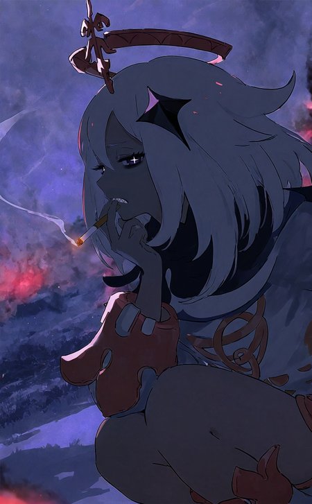 (profile:1.2), (dutch angle:1.2), perspective, cowboy shot,  (squatting:1.2), 
sideways glance,  looking at viewer, (disgust, disappointed, disdain:1.2), paimon \(genshin impact\), solo, 1girl, :|, smoking cigarette, smoke, (sharp teeth:1.2), (half-closed eyes:1.2), + +, wide oval eyes, long eyelashes, thick eyelashes, black eyeliner, bags under eyes, (red night:1.2), (dark purple theme:1.2), (smoke trail:1.2), (raised eyebrow:1.2), white hair, gyaru, backlighting, sidelighting, limited palette,
blurry background, depth of field,
cinematic, outdoors, scenery, 
very awa,  highres, 
<lora:nhl-004:0.7>  nhl-004,