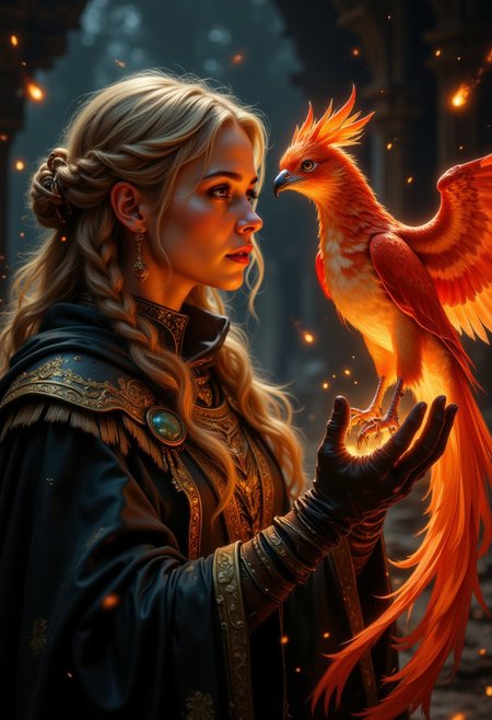 DGC style digital illustration, Magic style,
Close-up. A fair-skinned woman with long, wavy blonde hair adorned with intricate braids and gold accessories. She wears an elaborate, dark, and richly textured cloak with gold embroidery and feather detailing on the shoulders. Her expression is serene and focused as she gazes at the vibrant mythical phoenix perched on her gloved hand. The phoenix is ​​depicted with fiery red and orange feathers, exuding a warm glow that illuminates the scene. The background is a blurry, dark place with floating embers, enhancing the mystical atmosphere.