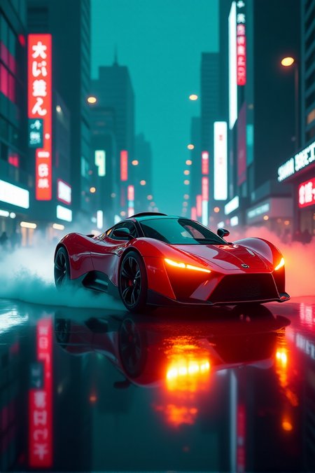 Hovercar Race portrayed in a Futuristic Neon Flare setting, where artificial lights create lens flares in a cyberpunk cityscape. Employ electric Teal and Orange to enhance the modern, high-tech atmosphereâââ