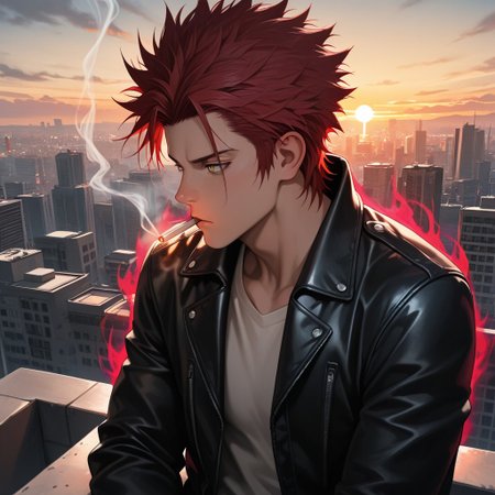 masterpiece, best quality, amazing quality, absurdres, newest, detailed background, definition so sharp, Ultra-HD, 8K cinematic, very awa, impressionate, amazing quality, highres, 
solo, male focus, manly, 
1boy, spiked hair, short hair, mikoto_red hair, mikoto_yellow eyes, mikotosuoh, profile, looking away, thoughtful expression,casual wear, leather jacket, rooftop, city skyline, sunset, wind, cigarette, smoke, deep in thought, powerful aura, silent threat