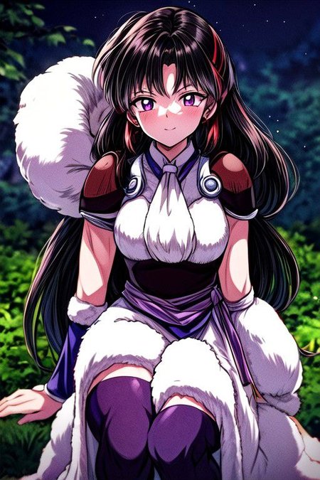 masterpiece,  best quality 1girl Setsun4 solo long hair,  (night time) forest background black hair very long hair purple eyes multicolored hair armor (fur trim) (medium body),<lora:EMS-179-EMS:0.800000>,<lora:EMS-293862-EMS:0.800000> bow, hair_bow, hair_tubes, red_bow, brown_hair, long_hair, bangs, ascot, frilled_bow, yellow_ascot, blush, smile, hair_between_eyes, athletic, armor