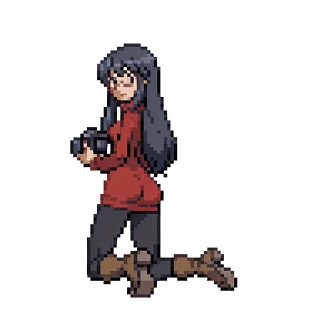 1girl, solo, 
full body, 
from behind, looking back, ass, 
kneeling, 
reikagami, 
black hair, long hair, brown eyes, 
glasses, 
red turtleneck sweater dress, black leggings, brown boots, 
holding camera