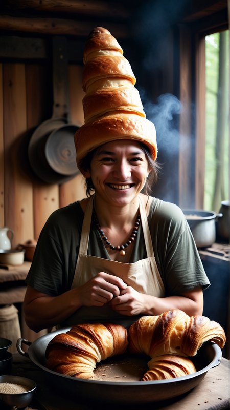 Cinematic photo of  <lora:CroissantStyleXL:1> CroissantStyle  portrait, looking at viewer, solo, half shot, detailed background, detailed face, (<lora:AbsinthePunkAI:0.5>, AbsinthePunkAI theme:1.1), warm smile, shaman, wearing (Brown:0.7) witch hat, beaded necklace, rustic hut in the forest, indoors, cluttered dirty kitchen, parchment, kitchen mortar,  steaming iron cauldron, decoction,   small boxes on shelves,   herbs,    mushrooms,    beads,    dark sinister atmosphere, dim lighting, in location: enchanted forest clearing, detailed background, dynamic angle, atmospheric