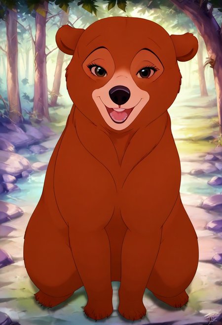 Bear, cartoon, female, Nita, Disney, 2d, detailed forest background, bipedal, full body, <lora:J_cartoon:0.7>, j_cartoon, <lora:MeekoXL:0.9>, Disney, score_9, score_8_up, score_8, solo, (feral), detailed fur, ((happy expression)), ((looking at viewer seductively:1.6)), breathtaking, environmental lighting, professional, highly detailed, ((detailed shaders)), beautiful, high quality, night-time, outdoors, dark forest, <lora:Furtastic_Detailer:1>