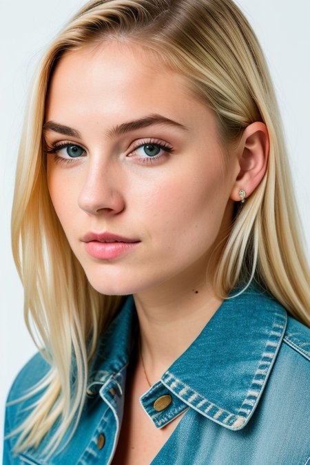 1girl, european,(blonde hair), forehead, lips, long_hair, looking_at_viewer, nose, photorealistic, portrait, realistic, solo ,masterpiece,close up shot, suit, denim jacket,white backdrop,studio photography,

shallow depth of field, (high detailed skin:1.2), 8k uhd, dslr, soft lighting, high quality, film grain, 20mp, Fujifilm XT3, 80mm, hasselblad