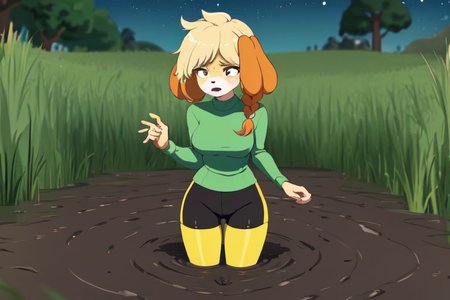 isabelle \(animal crossing\), (masterpiece, best quality:1.15), 1girl, solo, large breasts, high cheekbones, thick eyebrows, small mouth, looking to the side, leaning forward, adjusting clothes, tight leggings, green crop top shirt, starry nights, long hair, twin short braids, scared, partially submerged, struggling, farmland bog, quicksand, worried, sinking