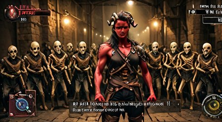 VG_SS, fake screenshot, english text,
(High Resolution), (More Details), (8K), (High Resolution)
Fake video game interface. 
Scrolled beat'em up.

1 girl, BGKarlach, demon horns, black hair, long hair, red skin, perfection style, 
(Faceshot_By_stable_yogi-v2)
 full body, zoomed out,exactly facing right  clenched fists,  ready for fist-fight. 

BREAK
and 3+ boys, 
skeleton, facing left , ready for fist-fight.

backdrop is a bloody arena, strong artificial lighting