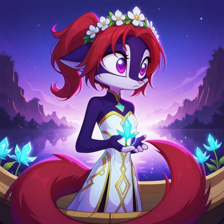 Dreamkeepers,Indi_and_Digo,1girl,solo,furry,tail,source_furry,,red hair,purple fur, purple eyes,
child, kid, masterpiece, best quality, 
A surreal glitch-art landscape: a bird's-eye view of a small, intricately carved wooden boat adrift on impossibly calm, crystal-clear turquoise water, surrounded by lush, vibrant tropical islands under a star-dusted sky; a young girl in a flowing white tribal dress lies within, gazing serenely at the celestial tapestry above, her expression a blend of wonder and quiet contemplation, the scene subtly distorted by digital glitches, creating a dreamlike, otherworldly atmosphere.
A vibrant, bioluminescent deep-sea landscape, teeming with fantastical marine flora and fauna, glows with ethereal light mirroring the celestial nebulae above; a modern impressionistic fantasy, rich in jewel-toned hues, where phosphorescent jellyfish drift amidst colossal, glowing kelp forests, under a star-dusted sky, evoking a sense of wonder and mystery.