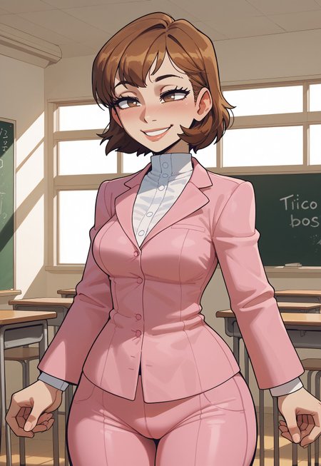 safe_pos, score_9,score_8_up,score_7_up, mature woman, adult woman, 1girl, cute face, <lora:zs_ToriumiXL:1> toriumip3, short hair, brown hair, brown eyes, pink blazer, pink pants, perfect face, slim body, bstyptit, busty petite, sexy girl, beautiful eyes, round ass, medium breasts, wide hips, thicc, petite figure, thick thighs, long legs, perfect face, detailed eyes, perfect brown eyes, beautiful eyes, big round eyes, wide hips, thin waist, indoors, school, classroom, chalkboard, windows, sunny, hair bangs, (skin indentation:1.5),  medium breasts, medium boobs, exhausted,
score_9, score_8_up, score_7_up, score_6_up, score_5_up, score_4_up, BREAK, 1girl, solo, smile, standing, holding own hands together, 