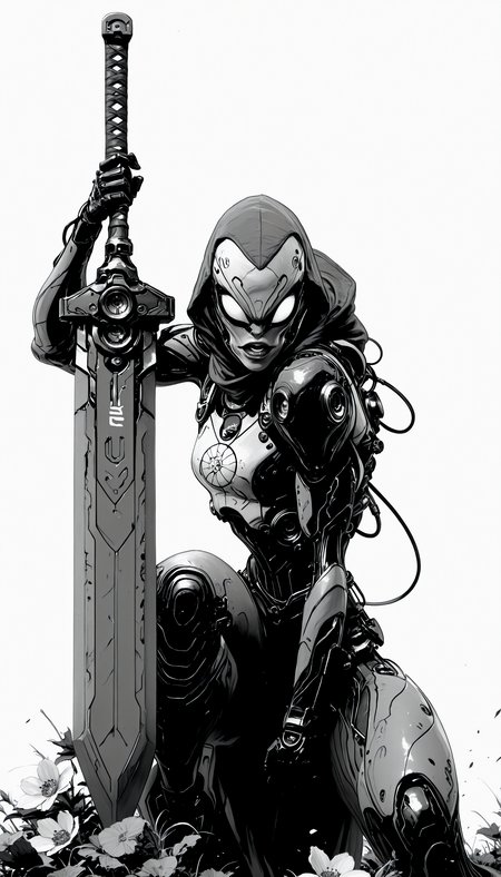 holding weapon, fighting stance, holding  buster sword,huge weapon,, WCG-Illu,, kaarea masterpiece, best quality, high quality, ultra-detailed, realistic,  traditional media, vivid_color, high contrast, speed lines, move_effects, action Create a detailed black and white sketch of a humanoid figure with a futuristic design. The figure's head is tilted slightly to the right, revealing a face with a pronounced nose, large eyes, and a slightly open mouth. The face is adorned with intricate mechanical details, including gears, tubes, and other mechanical components, giving it a complex and technological appearance. On the left side of the face, there's a circular object with a flower-like design, which could be interpreted as a part of the head or a decorative element. The overall style should reflect a fusion of realism and fantasy, with a focus on the interplay of light and shadow to create depth and dimension. solo, simple_background, white_background, greyscale, parted_lips, no_humans, traditional_media, robot, ink_\(medium\),    holding weapon, fighting stance, holding  buster sword,huge weapon,, WCG-Illu,, kaarea