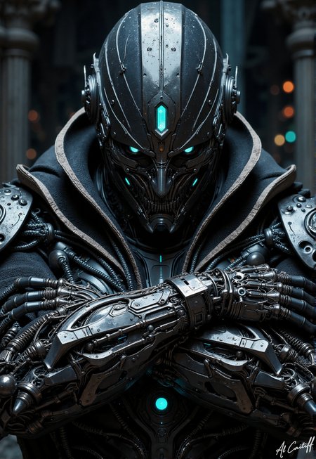 The obsidian sentinel looms in the void, its polished exoskeleton drinking in the spotlightâs molten glowâevery seam a razorâs edge, every curve a silent threat. The triple azure sigils on its face pulse like a slow, mechanical heartbeat, the central visor burning into your soul with the weight of a thousand unspoken calculations. Its crossed arms arenât casual; theyâre a locked vault of dormant violence, the clawed fingers of its right hand digging into its own shoulder as if restraining something primal beneath the shell. The matte gray abyss around it isnât emptyâitâs waiting. And when the light flickers, just for a second, you swear its plates ripple., Recypu style<lora:CustomFlux/MysticFantasy.safetensors:0.25000000000000006:0.25000000000000006> <lora:CustomFlux/MysticRealism.safetensors:0.7500000000000001:0.7500000000000001> <lora:Flux/Cyberpunk Realistic V1.safetensors:0.5000000000000001:0.5000000000000001> <lora:Flux/Epic-Characters_v1.safetensors:0.25000000000000006:0.25000000000000006>