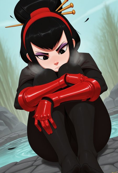 thehumancopier,  outdoors, undershirt, falling feathers, black bodysuit, hair stick, hugging knees, knees to chest, gauntlets, eyeshadow, red gloves, two sides up, black capelet, red hairband, black eyes, 1girl, solo, feet, visible breath, dynamic angle, foreshortening, smell, steam, onsen, water