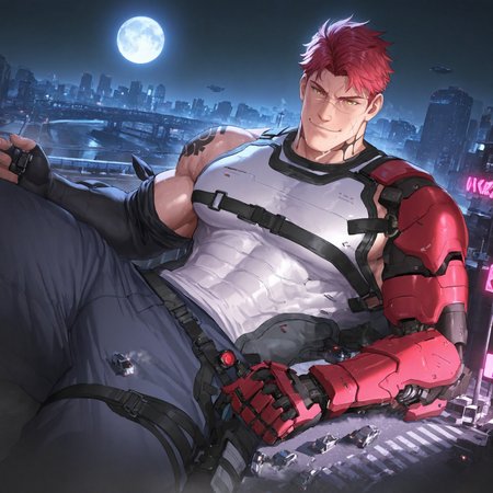 giant male, 1giant, building size, looking at viewer,
BREAK,
(upper body: 0.7), face focus, bara, solo, 1boy, short hair, ntspgr, red hair, yellow eyes, scar on face, neck tattoo, looking at viewer, manly smile, 
BREAK, 
skycraper, futuristic, science fiction, city, airship, cyberpunk, night, (neon light), volumetric lighting, moon, bridge, between buildings, outdoors,  vehicle, train, street, shops, crosswalk, traffic lights, lightpost,
BREAK,
muscular male, white shirt, sleeveless armor, chest belt, elbow gloves, fingerless gloves, single arm bondage, arm tattoo, arm support, leaning on building,  leaning to the side, single mechanical arm, steaming body, smell, sweat, reclining, 
BREAK, 
, dynamic, cinematic, very awa, masterpiece, best quality, absurdres, newest, perfect quality, detailed background, intricate details, shiny skin, (artist: arkapami: 1.2), zawar379, shunta_\(syunta_87\)