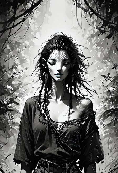 score_9, score_8_up, score_7_up, source_anime, monochromemuse, Expressiveh, monochrome, greyscale, ink splatter, (Avatar navi alien with white skin and black stripes), primitive revealing tunic made of vines and leaves, off shoulder, cleavage, parted lips, light smile, vibrant blue lipstick,