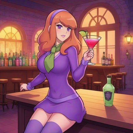 anime artwork a woman dressed a puple having a cocktail in an haunted pub <lora:DaphneBlake1024:0.8> . anime style, key visual, vibrant, studio anime,  highly detailed