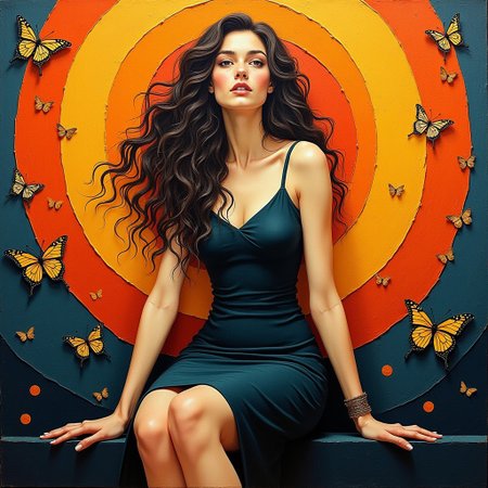 The image is a painting of a woman sitting against a background with swirling, circular patterns in shades of orange, yellow, and dark blue. She is wearing a dark, form-fitting dress and has long, wavy hair. The scene is accented with small, golden butterflies. impasto style