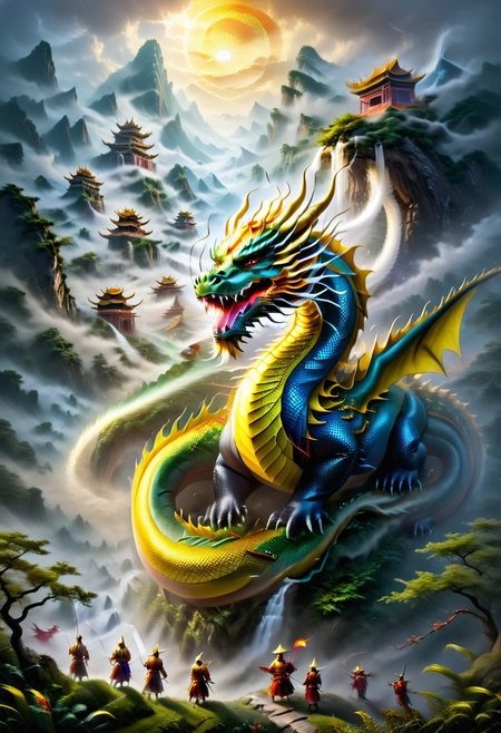 I want a realistic depiction of an extinct eastern world, a world of mythical dinosaur creatures, the era of the rise of the Chinese empire colorful and colorful, a golden city guarded by mystical Chinese dragons