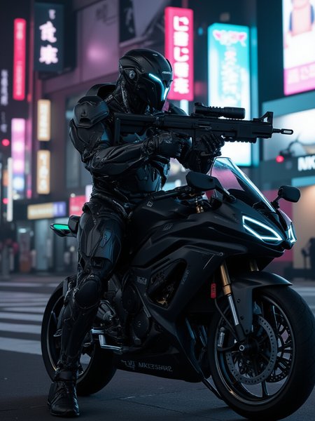 w1z_m4ch1n4. futuristic armored black robot cyborg cyber armor with futuristic assault rifle, posing in front of futuristic black bike on Tokyo, night scene
