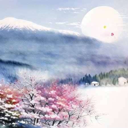 peach blossom, mountain, snow,