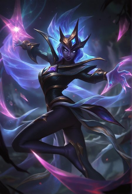 photorealistic, real aesthetic, masterpiece, high quality, Bel'veth, (League of Legends), action shot, outerspace background, shallow depth of field, detailed background, dynamic angle, volumetric lighting, high resolution