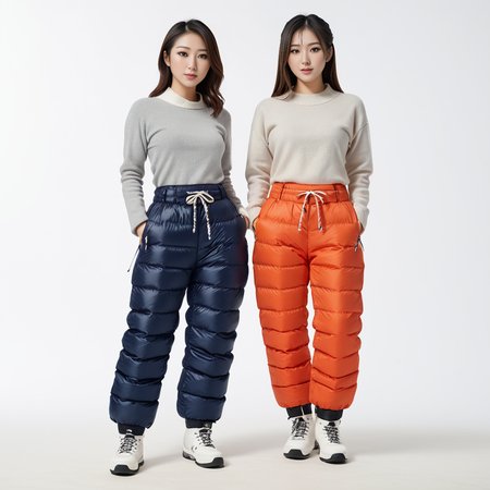 full body shot two japanese 25 year old women ,unique, wearing a checkered   ((pair of snowpants,shorts)) unique hair styles, 8k uhd, dslr, high quality, photorealistic, realism, hyperrealism, action scene
 <lora:snowpants_v1-000003:0.9>