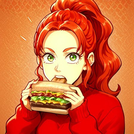 solo, 1girl, mars_hdt, red hair, green eyes, ponytail, red sweater, deli,  holding, sandwich, biting , looking at viewer, surprised, absurdres, 4kres, source_anime, score_7_or_higher, Freebo_alloy,