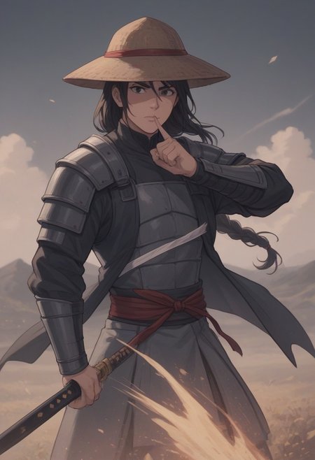 score_9, score_8_up, score_7_up, strawhat, conical hat, 1boy, a heavily armored samurai with shoulder armor and a straw hat, holding a giant katana sword in both hands, ready to fight, asian, long hair, low braid, roninwarriors,  samurai facemask, (monolid:1.3),
