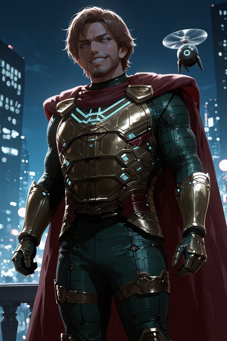 masterpiece, good quality, best quality, very awa, very as2, absurdres, highres 
<lora:MysterioilluLora:1>Mysterio, short hair, facial hair, bodysuit, breastplate, gold armor, red cape, gauntlets, thigh straps, armored boots, evil grin, night, cityscape, cowboy shot, drone,