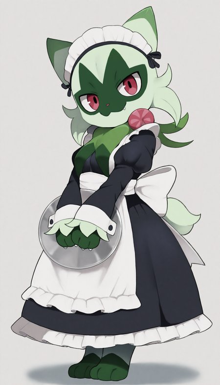 1girl,furry female,anthro,pokemon \(creature\),floragato,cat girl,tail,red eyes,green fur,two-tone fur,animal nose,body fur,small breasts,green hair,animal hands,animal feet,
(dagasistyle:0.9),(rememx:0.7),solo,(simple background:1.1),white background,(from side:0.8),(full body:1.1),head tilt,
standing,legs together,closed mouth,smile,looking at viewer,v arms,holding plate,
(maid:1.1),black dress,long dress,maid headdress,huge bow,
juliet sleeves,long sleeves,frilled dress,frills,
masterpiece,best quality,highres,absurdres,newest,very awa,uncensored,