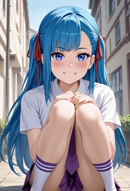 score_4,score_5,score_6,score_7_up,score_8_up,score_9 ((masterpiece,best quality,ultra detailed,highres,HD,4k:1.2)), 
((upper body)),outdoor,
1girl,solo,gir focu,solo focus,face focus,
blue hair, very long hair, hair ribbon, red ribbon, asymmetrical bangs, dark blue eyes, 
white shirt, purple tie, purple pleated skirt, knee-high socks, shoes,zettai ryouiki,
looking at viewer,blush,smile,