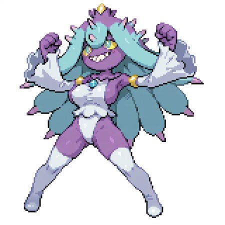 Simple background, white background, <lora:pkspif_nb_v1-2:1>,fullbody, (from front), 1girl, Solo, standing, Big breasts,,  <lora:mareanieillus:1>, mareanie, anthro, furry girl, pokemon, yellow sclera, spikes, purple skin, sharp teeth, blush, smile, armlet, bare shoulders, blue gemstone, detached sleeves, Frilled Sleeves, Frills, gem, gold Armlet, white Leotard, Long Sleeves, sideboob, Thighhighs, Wide Sleeves, white boots, smile, hands raised, closed fist, spread legs