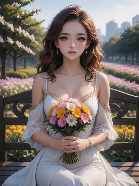 on a sunny afternoon,Japan,Yokohama,Ura Yama Garden,Back Mountain Garden,sea of flowers,flower field,sit on the bench,(holding_bouquet:1.5),holding a dazen of hpflower,petals in the hand,looking_at_hands,front view,full_shot,
casual chiffon dress,stud earrings,bangle,:d,
a woman in her twenties,eastern european women,female,solo,shiny skin,slender,slender_waist,detail face,detail eyes,detail,
(anime:1.3),masterpiece,best quality,Highly detailed,Professional,absurdres,extreme detail description,highres,realistic,photorealistic,perfect anatomy,wallpaper,Cinematic Lighting,cinematic bloom,available light,atmospheric lighting,moody lighting,
,,,,<lora:add-detail-xl:2>,<lora:ç»èè°æ´-ç¾å­¦aesthetic_anime_v1s:1.5>,<lora:ä¿®å¤-ç¼DetailedEyes_V3:1.5>,<lora:Ave:0.8>