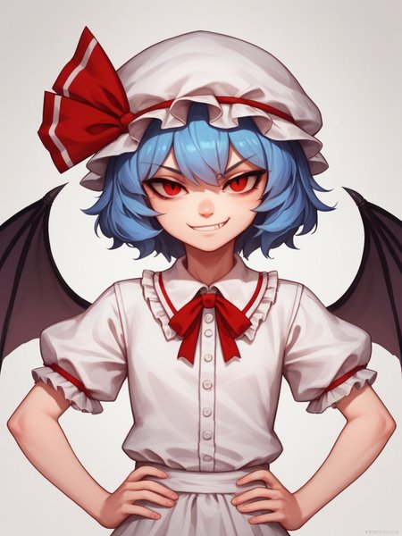 score_9, score_8_up, score_7_up, rating_explicit,  1girl, solo,  <lora:Remilia_Scarlet_-_Touhou_Project_Pony:1> r3mil1a_sc4rlet, hat, red eyes, blue hair, wings, smile, short hair, bat wings, upper body, looking at viewer, ribbon, short sleeves, mob cap, wicked look, smirk, hands on hips
